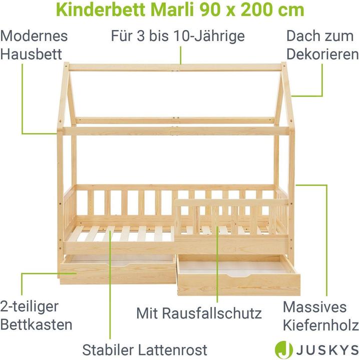 Image du produit Juskys Kinderbett 90x200cm mit Bettkasten Marli - Natur (90x200)