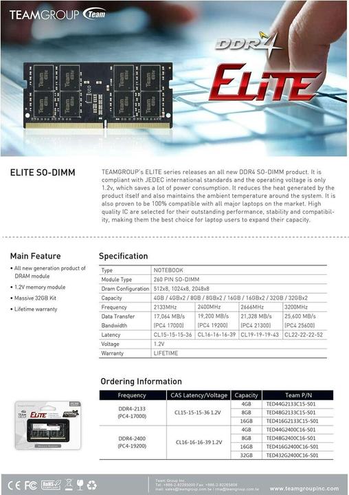 Produktbild Team Group Elite (1 x 16GB, 3200 MHz, DDR4-RAM, SO-DIMM)
