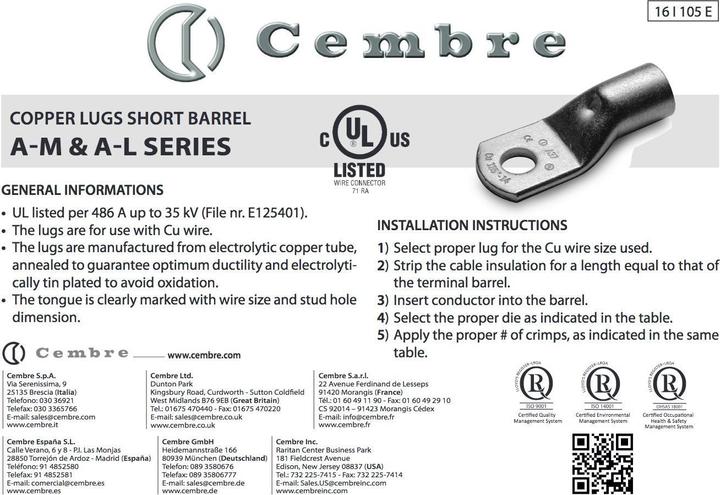 Produktbild Kalitec 10 Stück Cembre A7-L6 Rohrkabelschuh 90° gewinkelt 35mm² M6 unisoliert aus Kupfer verzinnt