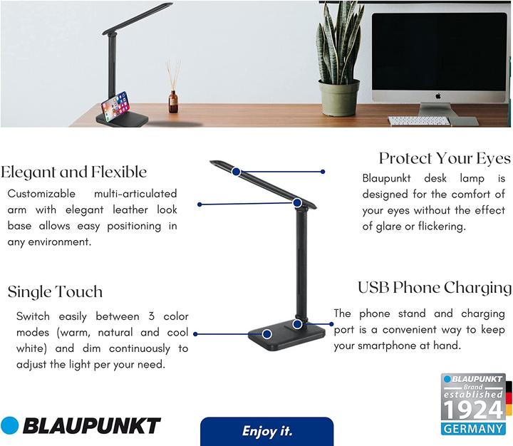 Produktbild Blaupunkt 6W LED Schreibtischlampe - Schwarz - Dimmbar - Einstellbare Helligkeit und Farbtemperatur (350 lm)