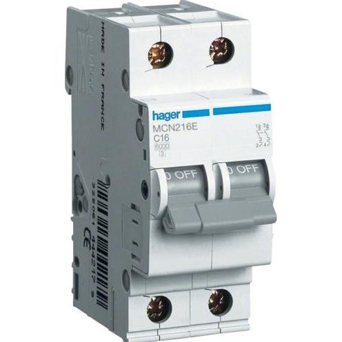 Hager, Schutzschalter, Hubschrauber Gegenstromschalter 2P C 16A 6 kA AC (MCN216E)