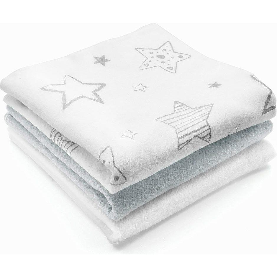 Makian, Pucktuch + Nuscheli, Moltontücher Moltontuch 3er Pack - Sterne - Weiss Grau (80 cm, 80 cm)