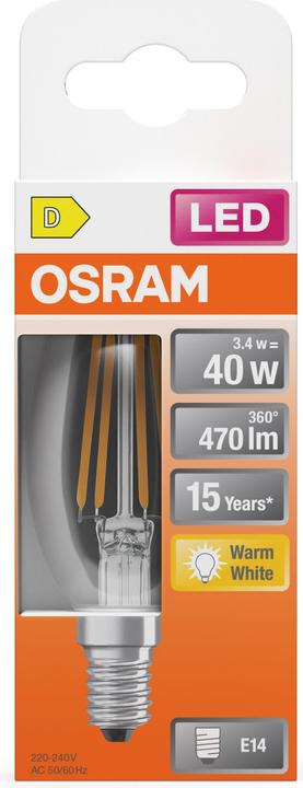 Immagine prodotto Osram LED Leuchtmittel LED Retrofit CLASSIC B 3.4W 827 Clear E14 Warm weiss 4099854467776 (E14, 470 lm, 6x)