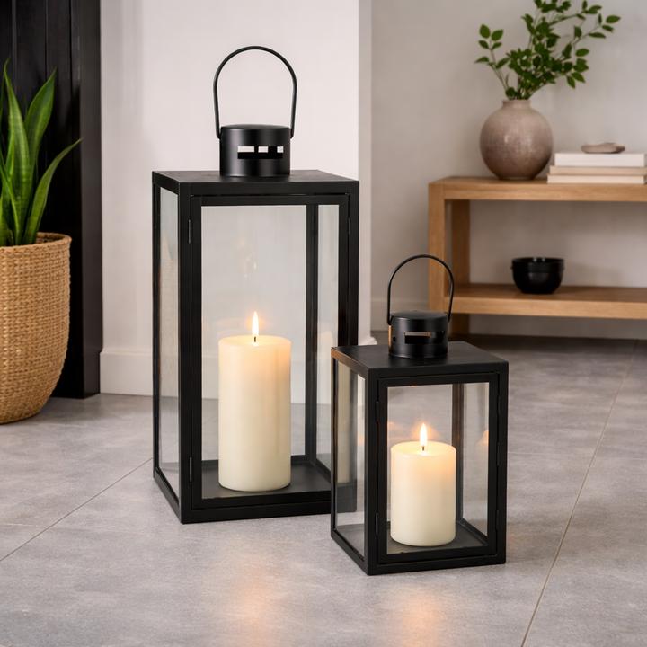 Produktbild Mojawo 2tlg Metall Laternen Set Schwarz Gartenlaterne Windlicht ca. H34/47cm