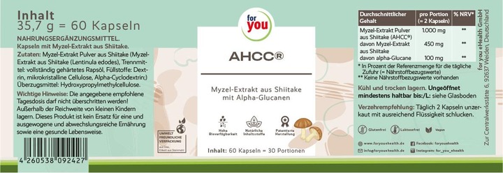 Nutritional values and ingredients For You AHCC® (60 Piece, Capsules)