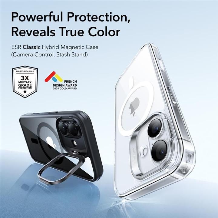 Actual product image ESR Classic Hybrid Magnetic Case (Camera Control, Stash Stand), for iPhone 17, Clear Black (Apple iPhone 17)