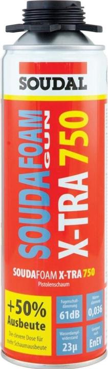Produktbild Soudal 1K Montageschaum Soudafoam Gun X-tra 750 B2 Pistolenschaum grau 500 ml (500 ml)