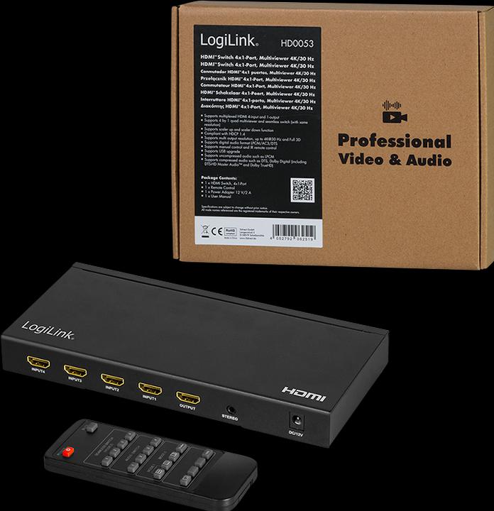 Image du produit LogiLink Commutateur HDMI 4x1 port, multiview, 4K/30 Hz, scaler, seamless, RC