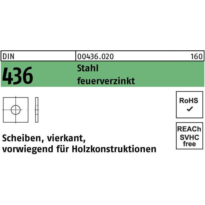 Zubehör Befestigungstechnik, Unterlegscheibe DIN 436 vierkant 33 x 95 x 6 Stahl feuerverzinkt