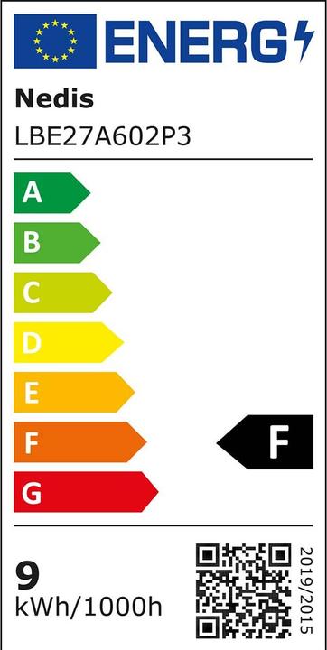 Label énergétique Nedis LBE27A602P3 Lampe LED E27 A60 8.5 W 806 lm 2700 K blanc chaud 3 pièces (E27, 806 lm, 3x)