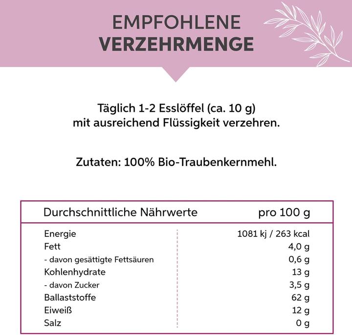 Nährwerte und Zutaten Eltabia Bio Traubenkernmehl OPC Traubenkern Extrakt Pulver Premium Rohkost Qualität (Pulver, 100 g)