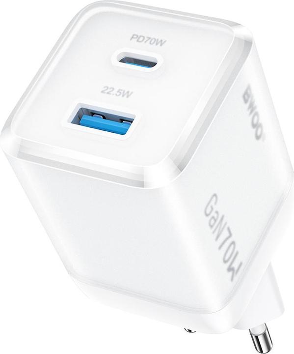 Actual product image Bwoo GaN wall charger CDA224 QC 70W 1 x USB 1 x USB-C, white (70 W, 2 ports)