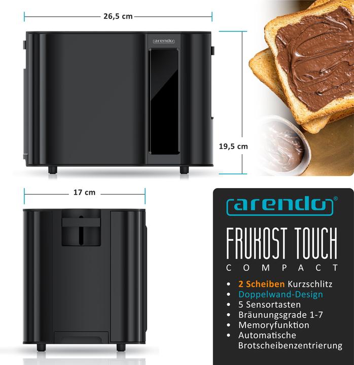 Produktbild Arendo Toaster Edelstahl 2 Scheiben Kurzschlitz, Brötchenaufsatz, Display mit Restzeitanzeige, Touchpanel