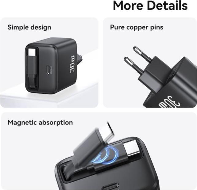 Image du produit Usams Ład. siec. 1xUSB-C ze zwijanym kablem USB-C Retractable PD+QC 30W Gan Fast Charging czarny/bla (30 W)