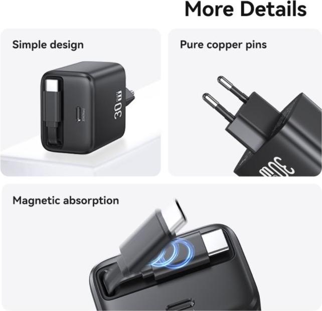 Produktbild Usams Ład. siec. 1xUSB-C ze zwijanym kablem USB-C Retractable PD+QC 30W Gan Fast Charging czarny/bla (30 W)
