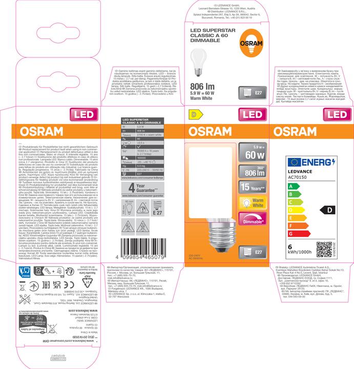 Immagine prodotto Osram LED Superstar Classic A 60 Filamento DIM 5,9W 827 Smerigliato E27 (E27, 5.90 W, 806 lm, 6 x, D)