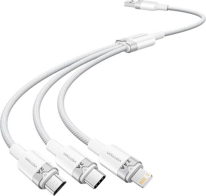 Actual product image Vention USB 2.0 A to 3in1 3A cable CTPWG 1.5M (white) (1.50 m, USB 2.0, 60 W)
