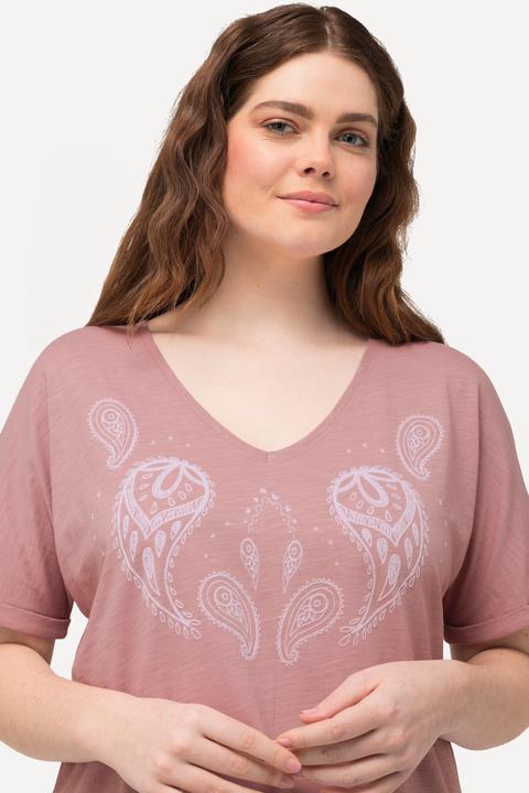 Immagine prodotto Ulla Popken T-shirt con stampa floccata, scollo a V, mezze maniche e cotone biologico (50, 52)