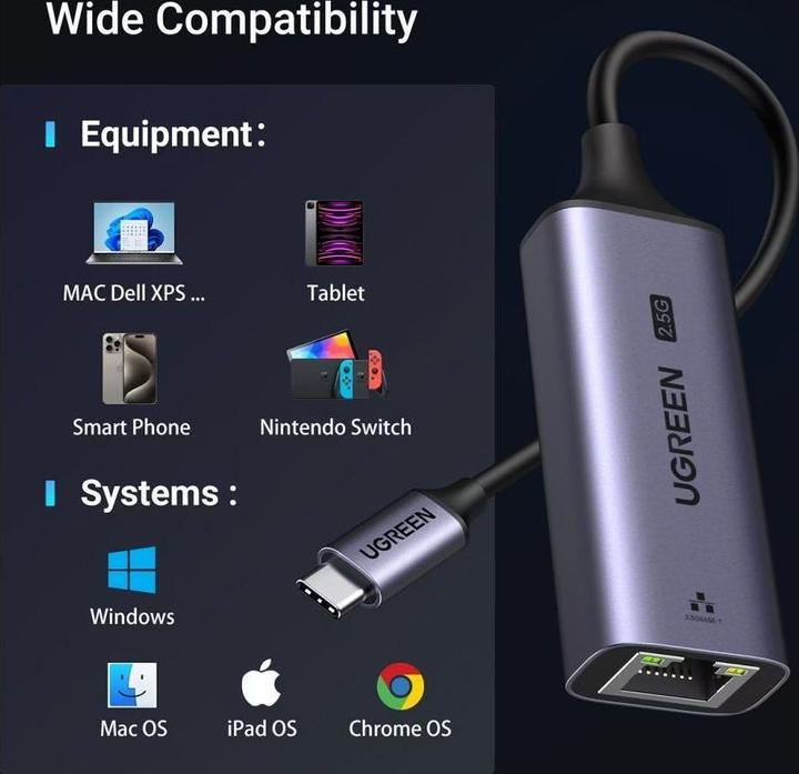 Productafbeelding Ugreen Ethernet-adapter CM648, USB-C do RJ45, 2.5G (czarny) (USB-C, RJ45/LAN (1x))