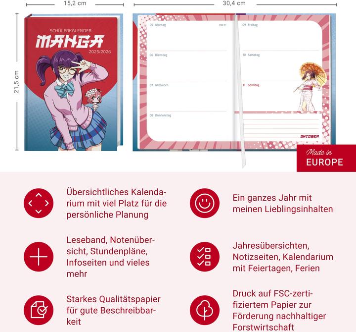 Image du produit Manga Schülerkalender A5 2025/2026 - 17 Monate ab August 2025 (A5, Allemand)