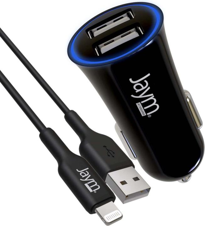Produktbild Jaym PACK CHARGEUR VOITURE 2 USB-A 12W 12-24V + CABLE USB-A VERS LIGHTNING MFI 1M NOIRS - ®**