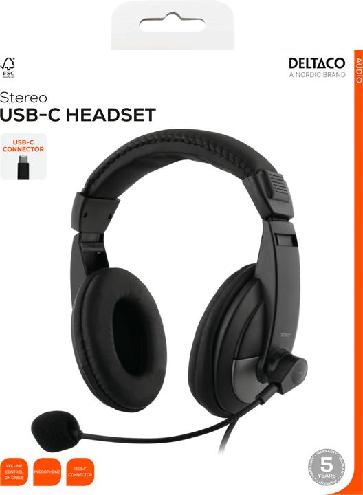 Actual product image Deltaco HL-50C Headset, 40mm element, USB-C, volume control black (Cable)