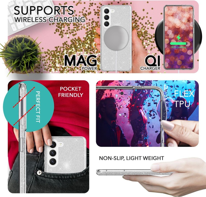Produktbild Nalia Glitzer Silikon Hülle mit 2x Displayschutz (Samsung Galaxy S23+)