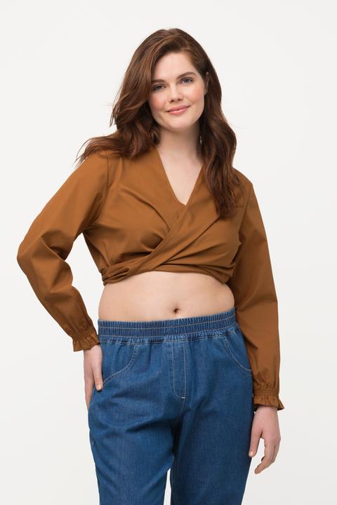 Immagine prodotto Ulla Popken Blusa corta da incrociare in cotone biologico con scollo a V e maniche lunghe (46, 48)