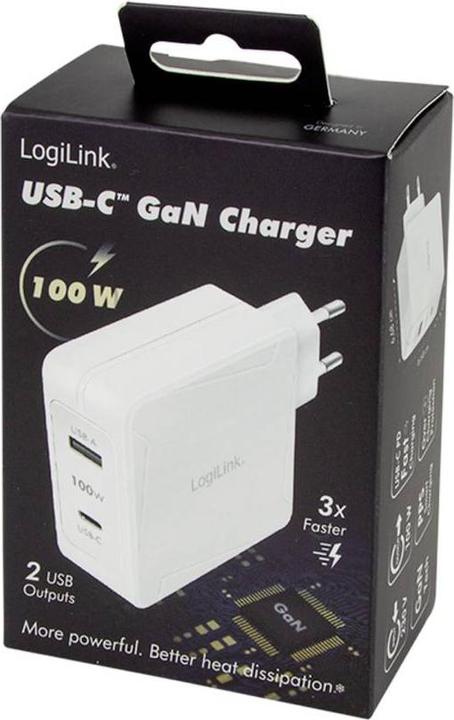 Productafbeelding LogiLink USB-contactdoosadapter, 1x USB-C (PD) & 1x USB-A, GaN, 100 W (100 W, 2 ports)