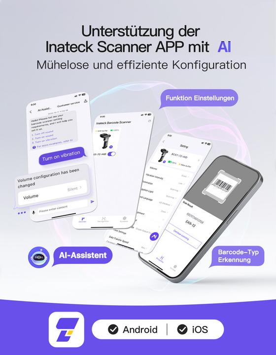 Produktbild Inateck Barcodescanner 72 gray (BCST-72 gray) (1D-Barcodes, 2D-Barcodes, QR-Code)