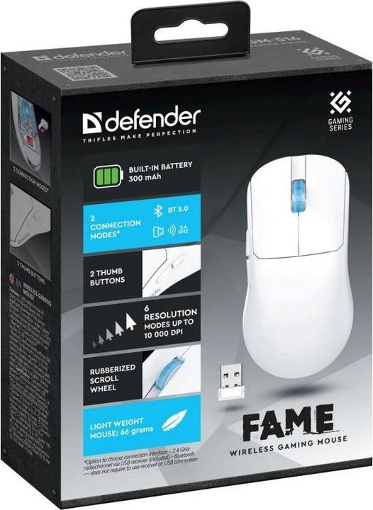 Actual product image Defender FAME GM-516 Optical Wireless Mouse 10000dpi 2 4 GHz + Bluetooth white RECHARGEABLE 5 Gam (Wireless)