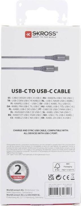 Actual product image Skross USB Cable USB-C to USB-C Cable 2.0, Braiding, 1.20m space gray (1.20 m, USB 2.0, 36 W)