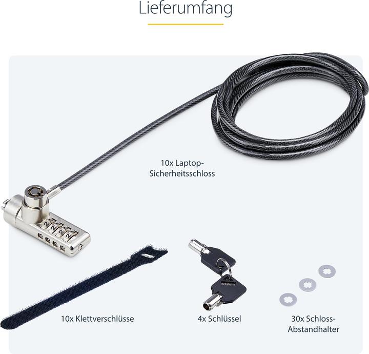 Productafbeelding StarTech COM 10-pak dubbele toegang laptopslot 2m kabelslot met sleutel en cijferslot K-S