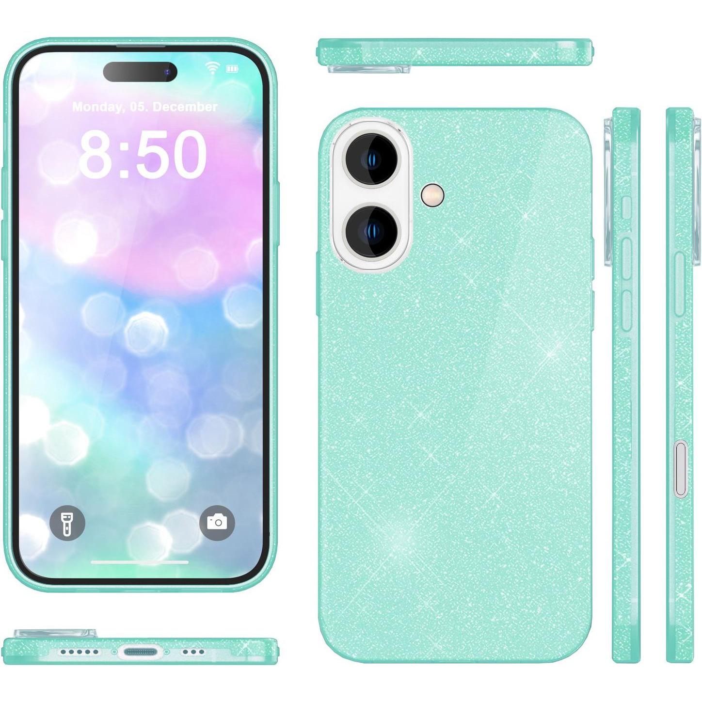 Nalia Glitzer Hybrid Hülle (Apple iPhone 16), Smartphone Hülle, Grün