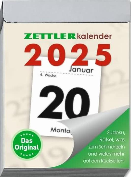 Daily tear-off calendar 2025 M, 5,4x7,2cm, tear-off calendar with Sudokus, recipes and puzzles (German)