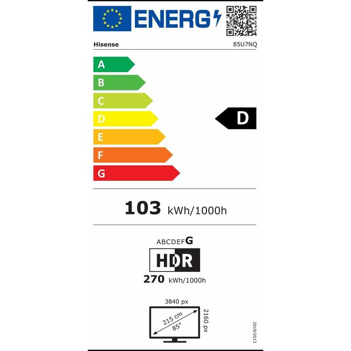 Energy Label Hisense TV 85U7NQ (85", Mini-LED, 4K, 2024, EU)
