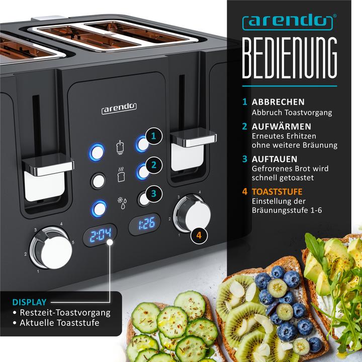 Produktbild Arendo Toaster 4 Scheiben Kurzschlitz, Wärmeisolierendes Doppelwandgehäuse, Automatik, Edelstahl, 1750 W