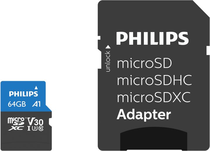 Immagine prodotto Philips MicroSDXC Classe 10 UHS-I U3 con adattatore (64 GB, microSDXC, U3, UHS-I)