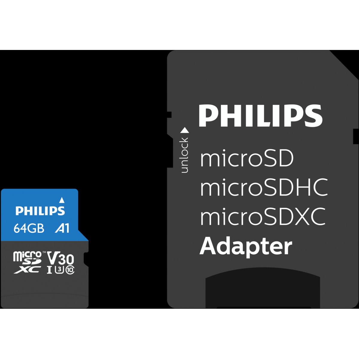 Philips MicroSDXC Class 10 UHS-I U3 mit Adapter (64 GB, microSDXC, U3, UHS-I), Speicherkarte, Schwarz