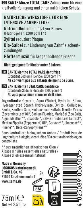 Nährwerte und Zutaten Sante Zahncreme T.C.Minze 75ml (75 ml)