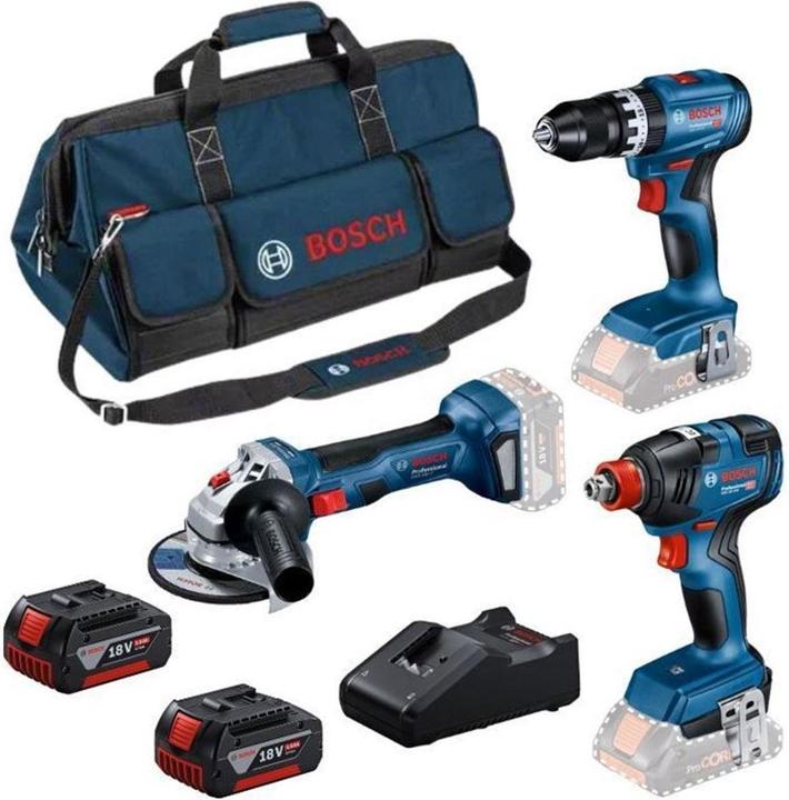 Bosch Professional Combo kit set with 3 18V tools: GSB 18V-45, GDX 18V-200, GWS 18V-7, 2x 5.0Ah