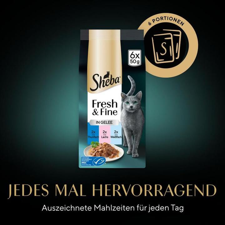 Produktbild Sheba Fresh & Fine Multipack Portionsbeutel Thunfisch, Lachs & Weissfisch in Gelee MSC (Adult, 12 Stk., 300 g)