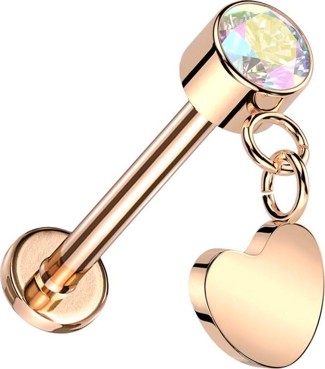Image du produit Star Piercing Micro Threadless Labret or rose Cylindre or rose Cristal multicolore Pendentif coeur or rose (sans laiton, Titane)