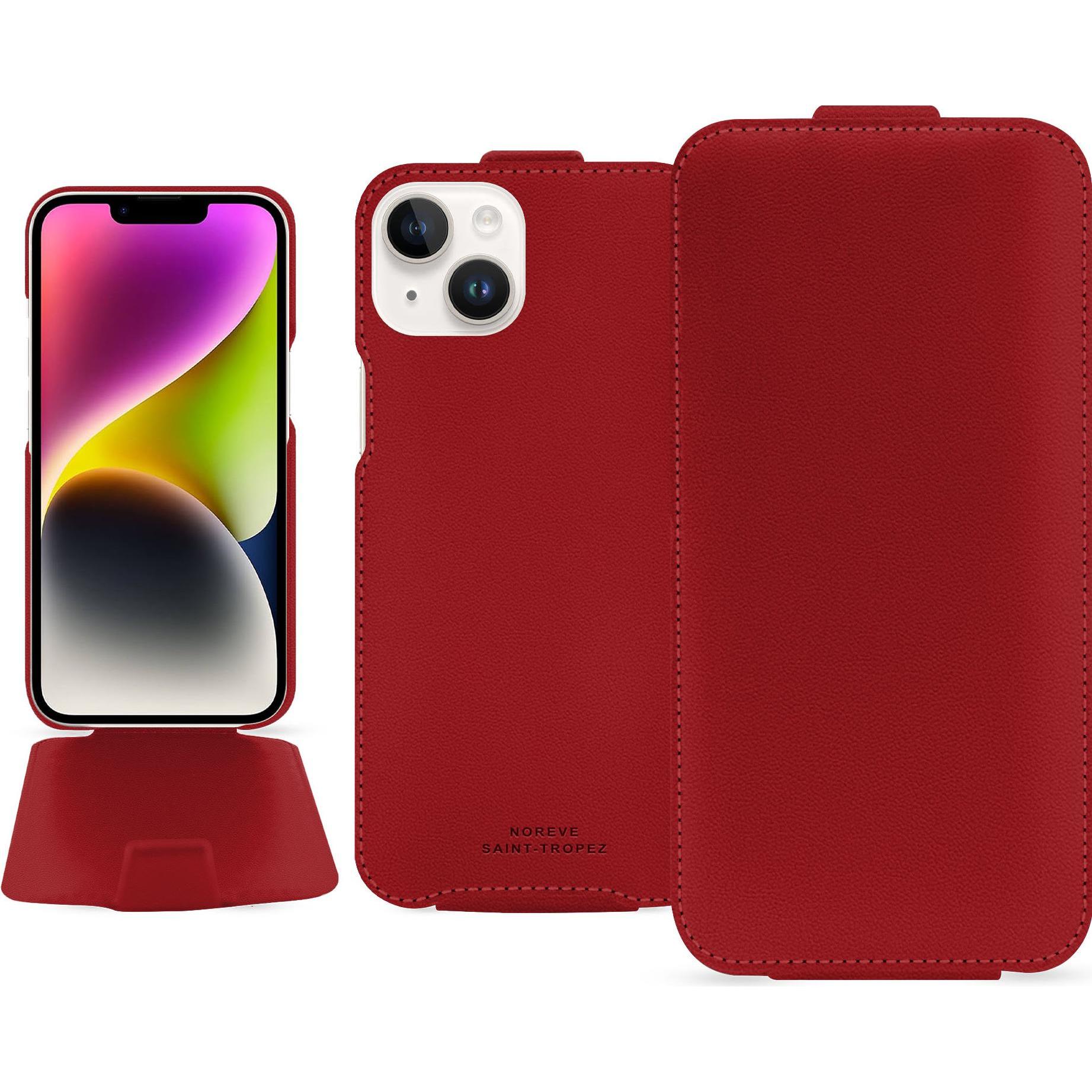 Noreve Lederschutzhülle vertikal (Apple iPhone 15 Plus), Smartphone Hülle, Rot