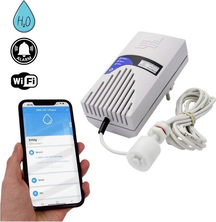 Actual product image Schabus 500241 Wireless water detector with app control, with external sensor via socket outlet