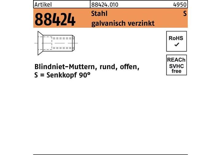 Produktbild Blindnietmutter R 88424 Senkkopf M 6 /1,5 -4,5 Stahl galvanisch verzinkt