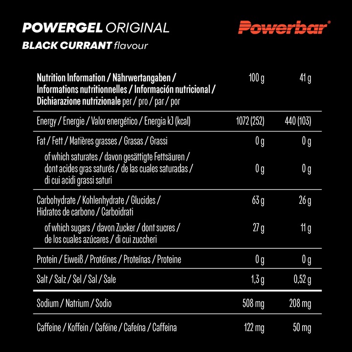 Nutritional values and ingredients Powerbar PowerGel Original (Black currant, Caffeine, 24 pcs., 984 g)