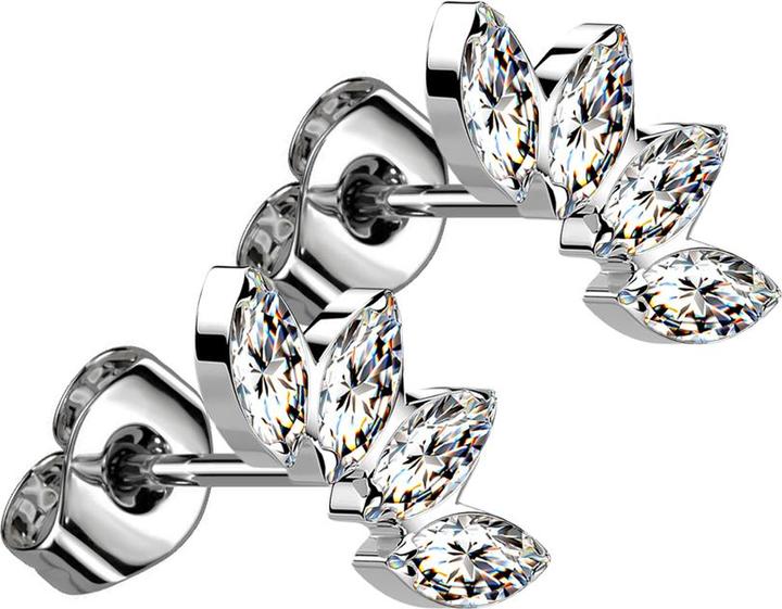 Star Piercing Threadless Ohrstecker silber Fächer mit vier Kristalle silber (ohne Messing, Titan G23)