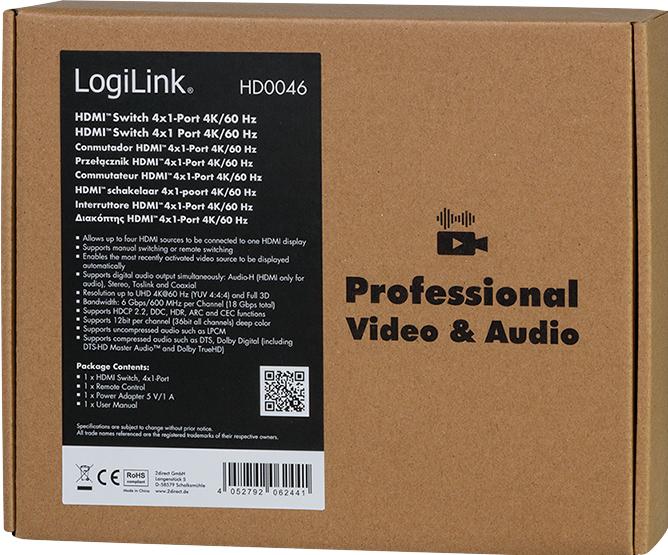 Actual product image LogiLink HDMI switch, 4x1 port, 4K/60 Hz, HDCP, HDR, ARC, Audio Extract, RC