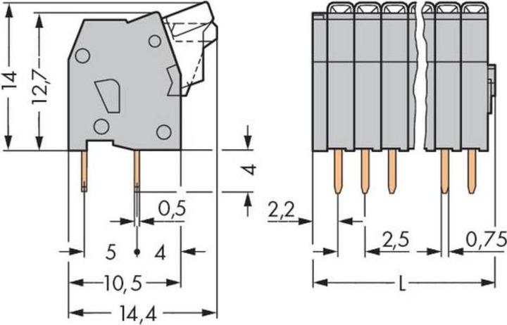 Produktbild Wago Klemmenleiste für Leiterplatten Rastermass: 2.5 mm Polzahl: 5 234-205 Inhalt: 340 St. (234-20...